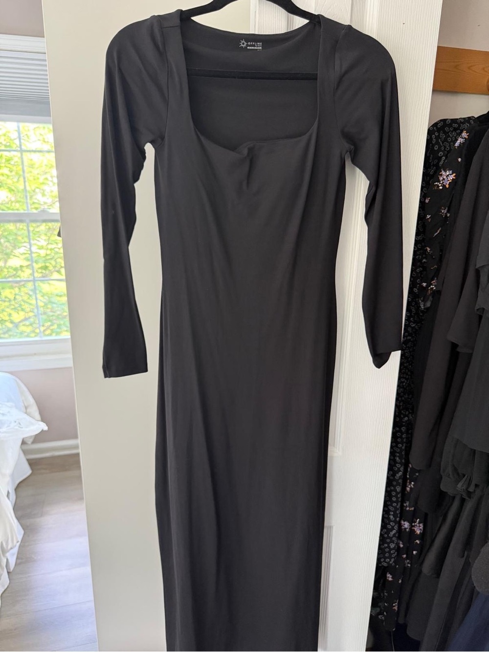 aerie Black Long Sleeve Square Neck Maxi Dress